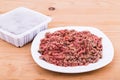 Convenient packaged minced raw meat dog food on plate Royalty Free Stock Photo