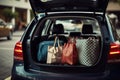 Convenient Shopping Supplies and Shopping Bags Packed in Family Car Trunk at a Mall Parking with Copy Space. created with