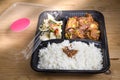 Convenient take-away meal box with rice, meat and vegetable Royalty Free Stock Photo