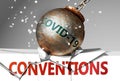 Conventions and coronavirus, symbolized by the virus destroying word Conventions to picture that covid-19 affects Conventions and