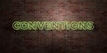 CONVENTIONS - fluorescent Neon tube Sign on brickwork - Front view - 3D rendered royalty free stock picture