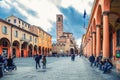 Convento Padri Agostiniani building, columns of Teatro Comunale Bologna Municipal Theater on Piazza Giuseppe Verdi square Royalty Free Stock Photo