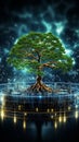 Convergence of nature and circuits Tree on board, wireframe backdrop eco-friendly tech synergy