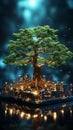 Convergence of nature and circuits Tree on board, wireframe backdrop eco-friendly tech synergy