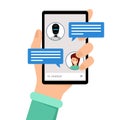 Conversation with chatbot vector illustration. Hand holding smartphone with user avatars and speech boxes on screen Royalty Free Stock Photo