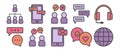 Conversation and connection icons collection. Simple outline persons and speech bubles in purple, pink and orange colors