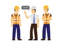 Conversation between the foreman and his construction workers. Concept of safety communication