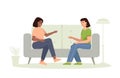 Conversation of friends. Two female characters are sitting on the sofa, smiling, talking. Royalty Free Stock Photo