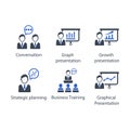 Conversation, Graph presentation, Growth presentation, Strategic planning, Training, Presentation, icon Royalty Free Stock Photo