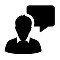 Conversation icon vector male person profile avatar with speech bubble symbol for discussion and information in flat color glyph Royalty Free Stock Photo