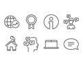 Conversation messages, Reward and Messages icons. World statistics, Laptop and Chat signs.