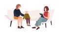 Conversation between mother, child and female psychologist or psychotherapist. Family psychotherapy, psychotherapeutic