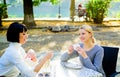 Conversation of two women cafe terrace. Friendship meeting. Togetherness and female friendship. Trust her. Girls friends