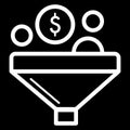 Conversion dollar vector icon. Black and white funnel and money illustration. Outline linear finance icon.