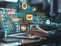 Conversion Rate Optimization Technology Visualization with Floating Analytics Icons and Infographics