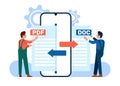 Convert Pdf to doc file. People using app on cellphone. Mobile converter technology. Men online exchange document
