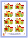 Logic puzzle game for children and adults. Find two identical group of houses. Printable page for kids brain teaser book.