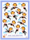 Logic puzzle game for children and adults. Find two identical hoopoes. Printable page for kids brain teaser book.