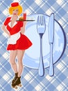 Waitress with plate on roller skates. Red dress. Diner waitress. Vector image