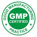 GMP Good Manufacturing Practice certified round green stamp on white background - Vector Royalty Free Stock Photo