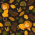 Bright seamless background with tropical plants and lion. Vector pattern with cute cartoon lion. Tropical background. Savannah. Af Royalty Free Stock Photo