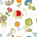 Cute pattern with African animals. Savannah animals. Vector seamless background with cartoon animals.