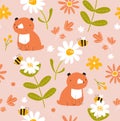 Vector pink pattern with teddy bear, bees and flowers. Fabric, paper, wallpaper.