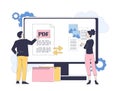 Converting files to Pdf. Man and woman at the computer monitor with documents online. File conversion application Royalty Free Stock Photo