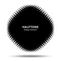 Convex black abstract vector distorted angle rounded square frame halftone dots logo for new technology background.