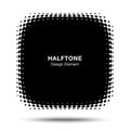 Convex black abstract vector distorted angle rounded square frame halftone dots logo for new technology background.