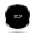 Convex black abstract vector distorted polygon frame halftone dots logo emblem for new technology background.