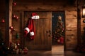 Convey the anticipation of Santa\'s arrival with a visual of Santa\'s costume hanging on a wooden door.