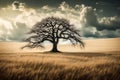 The silent echoes of introspection through an image of a solitary tree in a vast field, its branches reaching out like