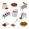 Conveyer Belt with Chocolate Sweets Rested on It and Cocoa Beans as Main Ingredient Vector Set