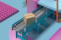 Conveyer belt roller with blank cardboard box at factory in Pink and blue pastel colors, 3d rendering.