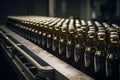 Conveyor belt with bottles of alcoholic beverages in a modern factory, Beer bottles on a brewery conveyor production line, AI Royalty Free Stock Photo