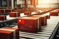 Conveyor belt with boxes with flag of China. 3D rendering, Cardboard boxes with a red Chinese flag on the roller conveyor, AI