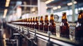 Conveyor Belt In Brewery With Rows Of Beer Bottles In Production. Generative AI