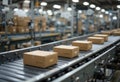 conveyor belt with cardboard boxes. Shelves with other boxes are located in the background, creating an atmosphere of an Royalty Free Stock Photo