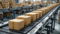 conveyor belt with cardboard boxes. Shelves with other boxes are located in the background, creating an atmosphere of an Royalty Free Stock Photo