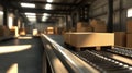 A conveyor belt with cardboard boxes in a warehouse setting Royalty Free Stock Photo