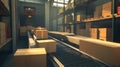 A conveyor belt with cardboard boxes in a warehouse setting Royalty Free Stock Photo