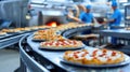 A conveyor belt carrying numerous pizzas on a production line Royalty Free Stock Photo