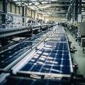 Conveyor belts carry solar panels through a manufacturing facility., generative ai