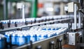 A Conveyor Belt Filled With Assorted Blue and White Bottles