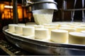 Photo of a conveyor belt filled with a variety of cheeses. Industrial cheese production plant. Modern technologies. Production of Royalty Free Stock Photo