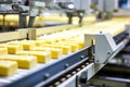 Photo of a conveyor belt filled with a variety of delicious cheeses. Industrial cheese production plant. Modern technologies. Royalty Free Stock Photo