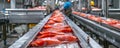 A conveyor belt in a fish processing plant, with fillets being cleaned, cut, and packaged, ensuring Royalty Free Stock Photo