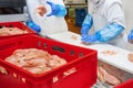 Conveyor Belt Food.Production line with packaging and cutting of meat.Food products meat chicken in plastic packaging on the Royalty Free Stock Photo