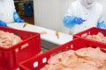 Conveyor Belt Food.Production line with packaging and cutting of meat.Food products meat chicken in plastic packaging on the Royalty Free Stock Photo